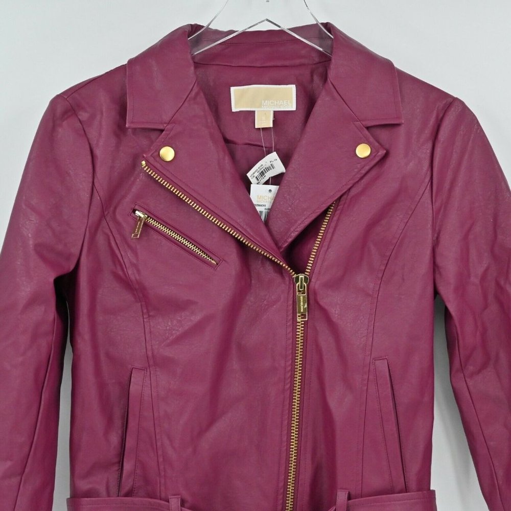 NEW MICHAEL MICHAEL KORS Women's Sz S Burgundy Biker Vegan Leather Moto Jacket - Picture 3 of 11